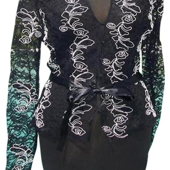 Cache Luxe Black Lace Sheer Illusion Lace Top Jacket White Trim New $228 NWT - Picture 7 of 11